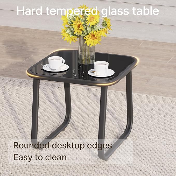 Gizoon Patio Chairs Set of 2, Patio Fumiture Set with Metal Fframe Glass Table, Outdoor Chairs Set of 2 for Balcony Bistro Table and Chair Set for Lawn, Black