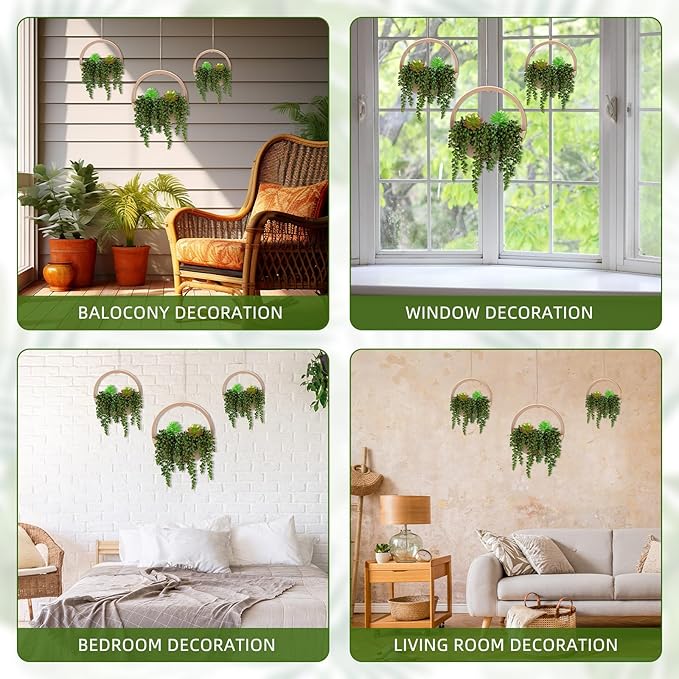 Honeydak 3 Pack Artificial Succulents Hanging Plants Fake Plants Set Wall String of Pearls Succulent Planter in Pot with Lanyard for Balcony Living Room Home Indoor Outdoor Wall Decor(Wood Color)