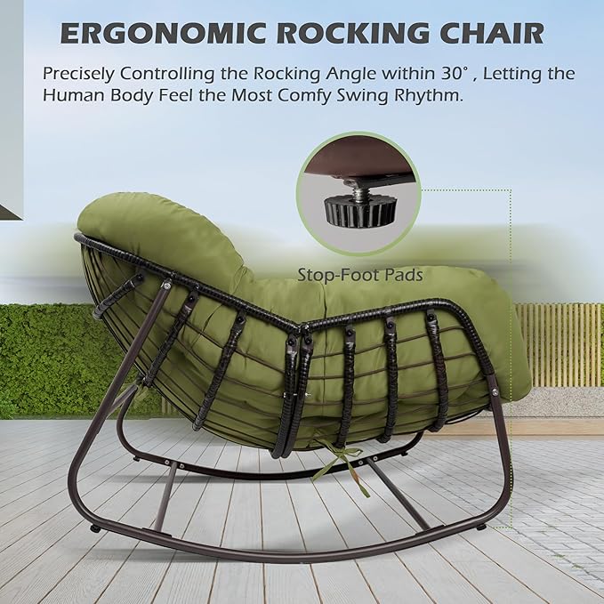 Papasan Rocking Chair, Oversized Papasan Chair with Cushion and Frame for Indoor& Outdoor, Deep Seat Egg-Shaped Rocker Chair for Garden, Deck, Living Room, Green
