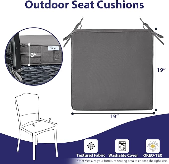 Outdoor Chair Cushions Set of 4,Waterproof Outdoor Seat Cushions for Patio Furniture,Patio Chair Cushion with Handle and Ties, Square Out Door Chair Pads,19" x 19" x 3", Darkgrey