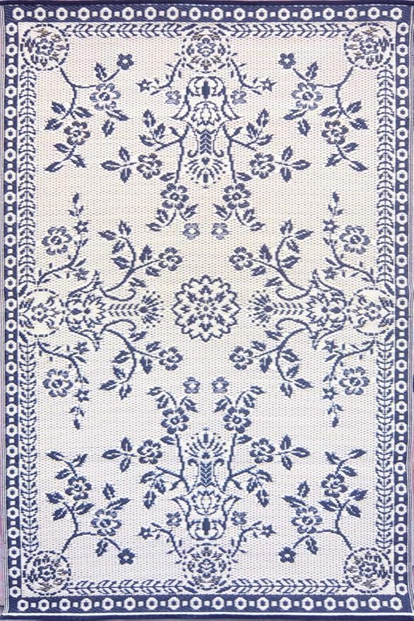 Mad Mats Outdoor Rug, Reversible Plastic Mat for Patio, Porch, Deck, Kitchen & Bath, Garland, 4' x 6', Blue White