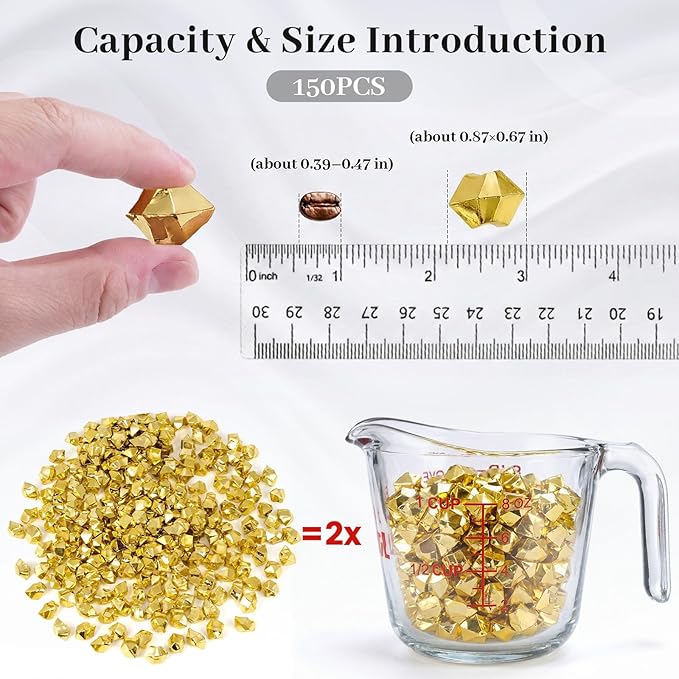 DomeStar 150PCS Gold Acrylic Ice Rocks – Faux Gold Gems Nuggets Vase Fillers for Christmas Centerpieces, Glitter Party Decorations, DIY Crafts & Table Scatter