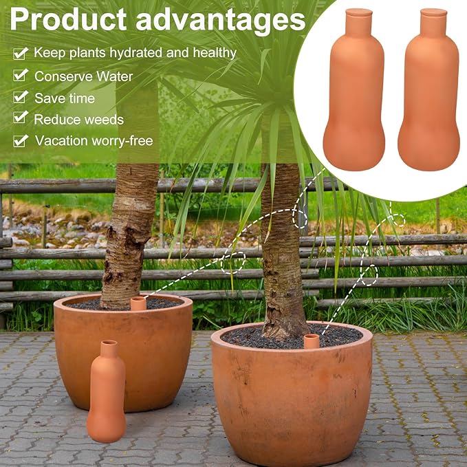2 Pcs Olla Terracotta Watering Pot with Lid Large 34 oz Terra Cotta Self Watering Pots for Indoor Outdoor Plants Self Irrigate Spikes Ceramic Plant Waterer Set (Lovely)
