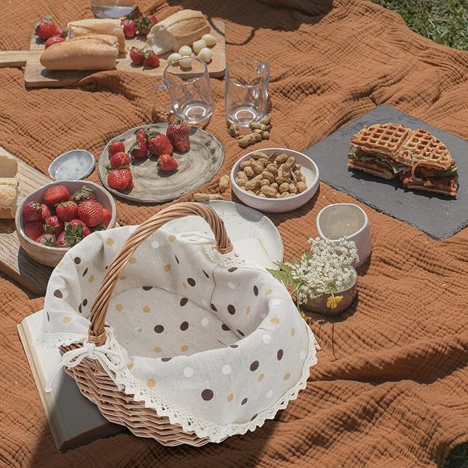 Handwoven Picnic Basket with Lining and Handle – Small Wicker Storage Basket for Outdoor Camping, Garden Harvest, and Travel Picnic Accessories