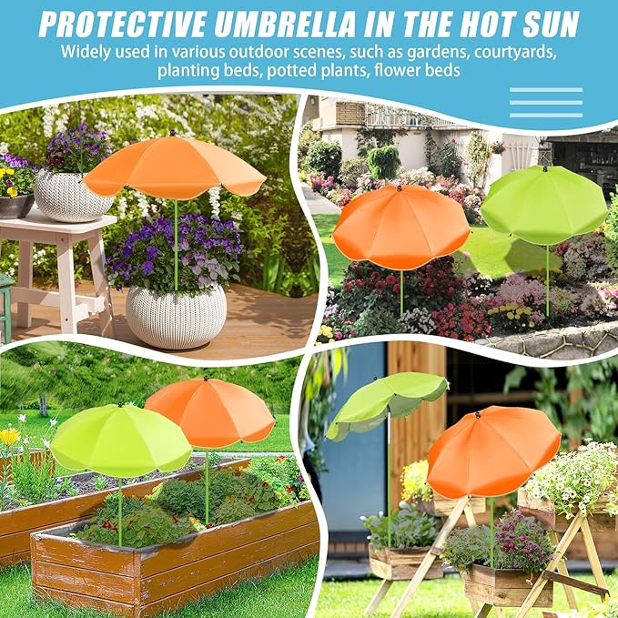 2 Pack Upgraded Plant Umbrellas for Outdoor Plants, 26" Larger Garden Plant Umbrella Shade with Adjustable Angle, 43.4" Higher Sun Shade for Plants, Potted Plant, Garden Beds (Green, Orange)