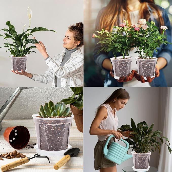 40Pack 4/5/6/7 inch Plastic Clear Nursery Pots with Saucer, 4 Sizes Garden Pots Plant Pots with Drainage Holes for Flower,Herb,Succulent,Plants, 100 pcs Plant Labels,5 Set for Indoor Outdoor
