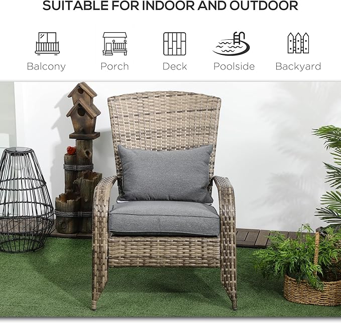 Outsunny Patio Wicker Adirondack Chair, Outdoor All-Weather Rattan Fire Pit Chair w/Soft Cushions, Tall Curved Backrest and Comfortable Armrests for Deck or Garden, Mixed Tan/Dark Gray