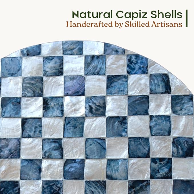 19.7” Checkered Capiz Shells Drum End Table, Decorative Cylinder Side Table & Garden Stool, Round Pedestal Accent Table for Living Room, Bedroom, Indoor & Outdoor (Navy Blue)