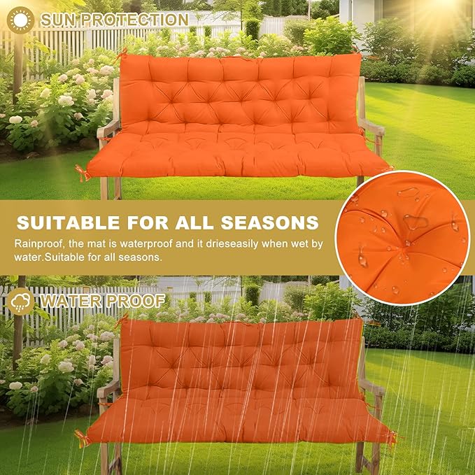 60" Porch Swing Cushion with Backrest, Waterproof Outdoor Bench Swing Cushions 3 Seater Replacement Thickened Swing Cushions with Ties for Patio Garden Backyard,Orange,60x40in