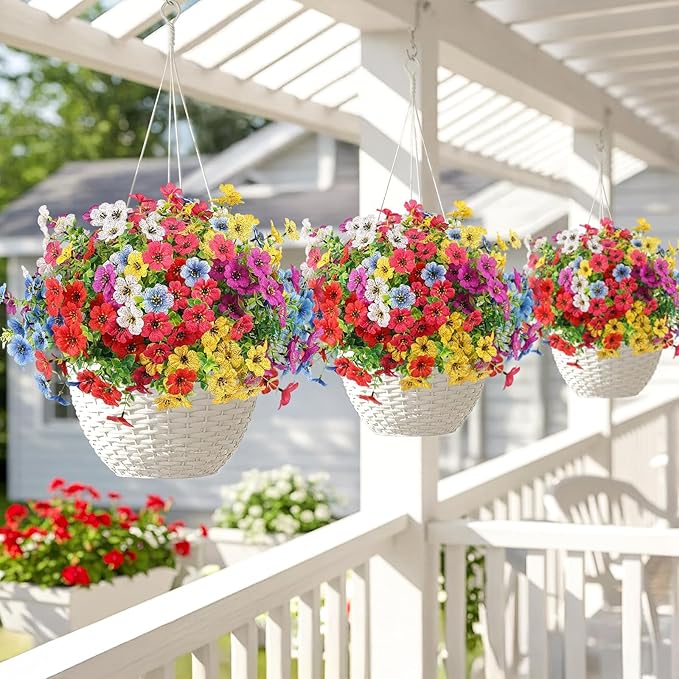 Artificial Spring Flowers Outdoor Faux Plants UV Resistant Fake Patio Flowers Plastic Greenery Plnats Outside Bulk for Spring Garden Hanging Planter Home Vase Decor, 24 Bundles (Multicolor)