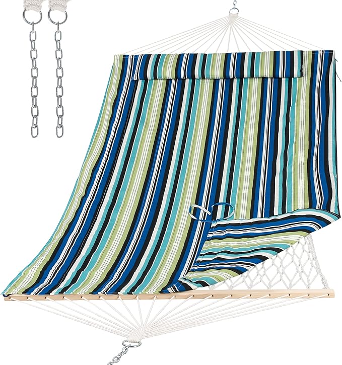 SUNCREAT Hammocks Outdoor Double Hammock with Hardwood Spreader Bar, Cotton Rope Hammock with Polyester Pad, Blue&Green