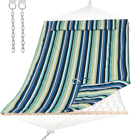 SUNCREAT Hammocks Outdoor Double Hammock with Hardwood Spreader Bar, Cotton Rope Hammock with Polyester Pad, Blue&Green