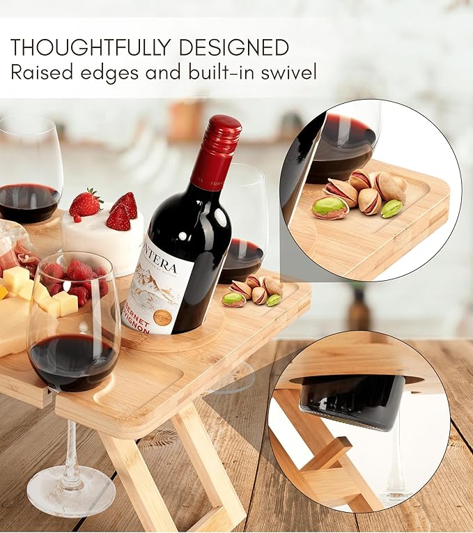 Outdoor Wine Picnic Table, Wooden Folding Picnic Table with Glass Holder, Bamboo Wine Glass Snack Tray for Indoor & Outdoor Use, Includes Picnic Mat & Tote Bag