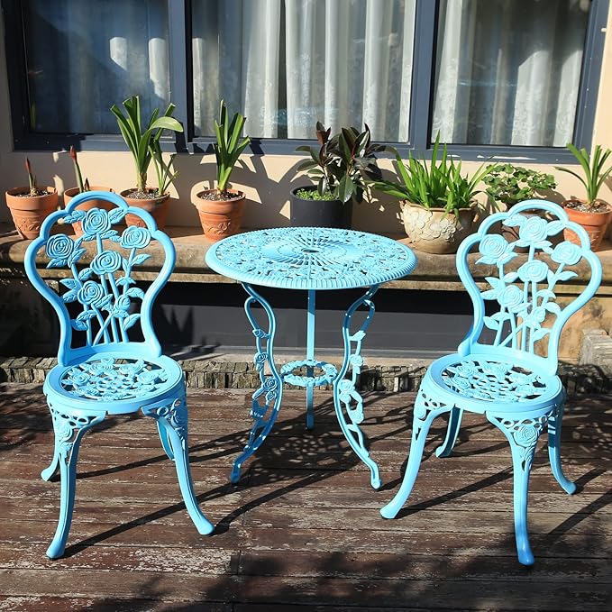 KAILI Outdoor Furniture Bistro Set with Rose Pattern 1 Table 2 Chairs for Garden Patio Porch (Rose-Light Blue)