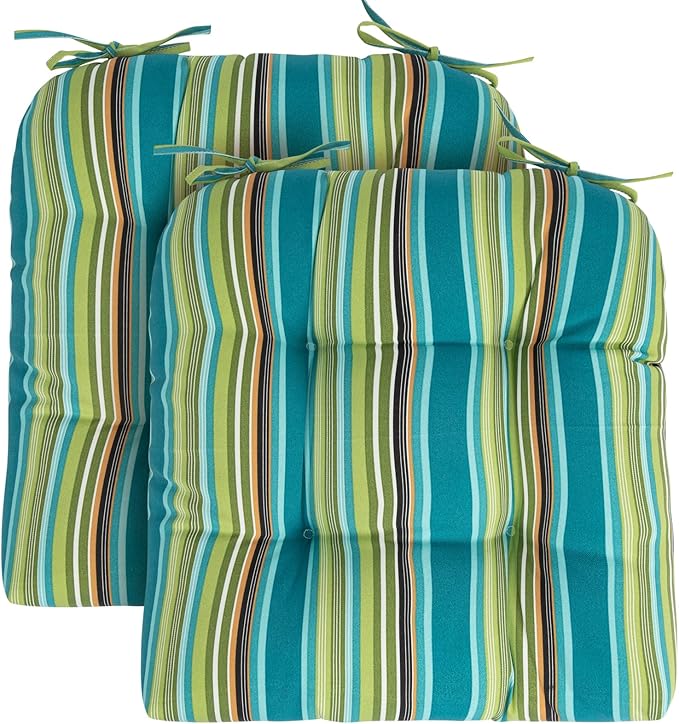 FUNHOME Outdoor Chair Cushions 19 x19 Inch,Water Resistant Tufted Seat Cushions 19",Reversible,Weather Resistant,Rounded Back Wicker Chair Cushion for Patio Garden Furniture(Green Stripe)