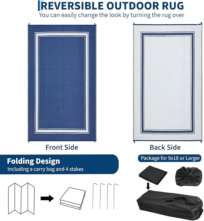 COZYLOOM Large Outdoor Rug 9x18 Waterproof Plastic Straw Rug for Patio, Reversible Modern Bordered Camping Mat with Portable Bag & Stakes, Foldable & UV Resistant, Outdoor Carpet for Yard Deck, Navy
