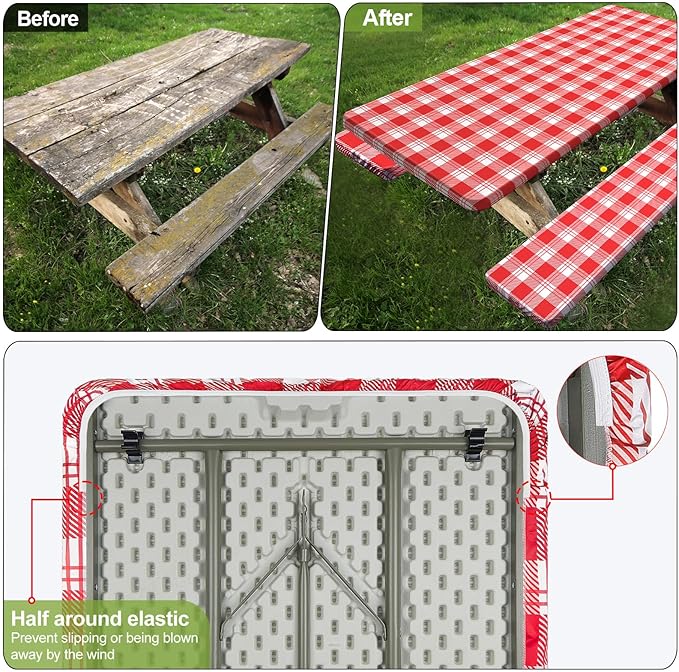 Picnic Table Cover with Bench Covers Camping Essentials Waterproof Windproof Camping Tablecloth with Drawstring Bag, Fitted Rectangle Tables and Seats, 72in, Red Checkered