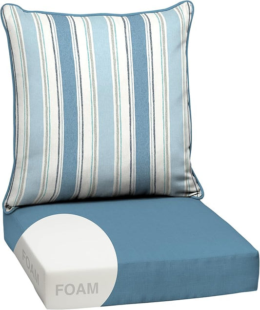 Arden Outdoor Foam Deep Seat Cushion Set, 24 in x 24 in, Weather-Proof, Rain-Proof, Fade Resistant Patio Cushion, Bottom and Back Cushion for Chair, Sofa, and Couch French Blue Linen Stripe