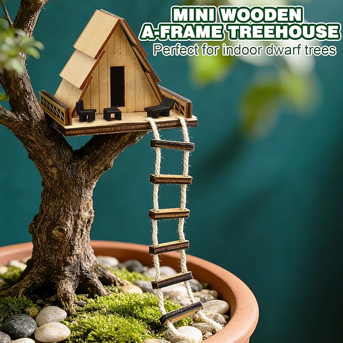 Mini Wooden Treehouse with Ladder - Plant Mini Treehouse, Miniature Flower Pot A-Frame Tree House, Fairy Garden House, Rustic Log Cabin Desktop Ornament