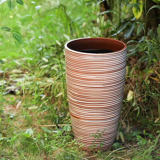 21"Tall Planters For Outdoor Plants-Coffee&Milk Finish Pop,Decorative Flower Pots Front Porch Vase Lightweight Durable Tall Planter With Movable Insert Shelf/ Drainage Hole Gift Idea For Plant Lovers