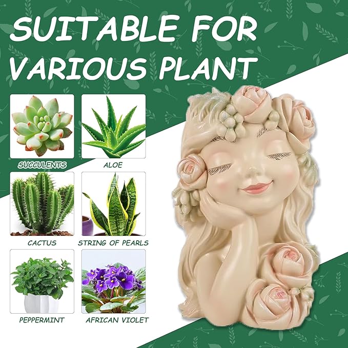 Teaeeno Decorative Garden Fairy Head Planter, Resin Flower Pot Sculpture, Pearl White with Rose Details