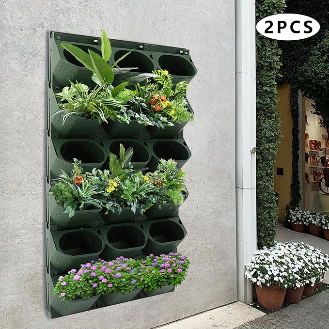 Eapmic Vertical Wall Planter with 36 Pots, Hanging Garden Plant Flowerpot Holder, Stackable Wall-Mounted Planter, Balcony Planters for Flowers Vegetables Fruits (Army Green, 36 Pots)