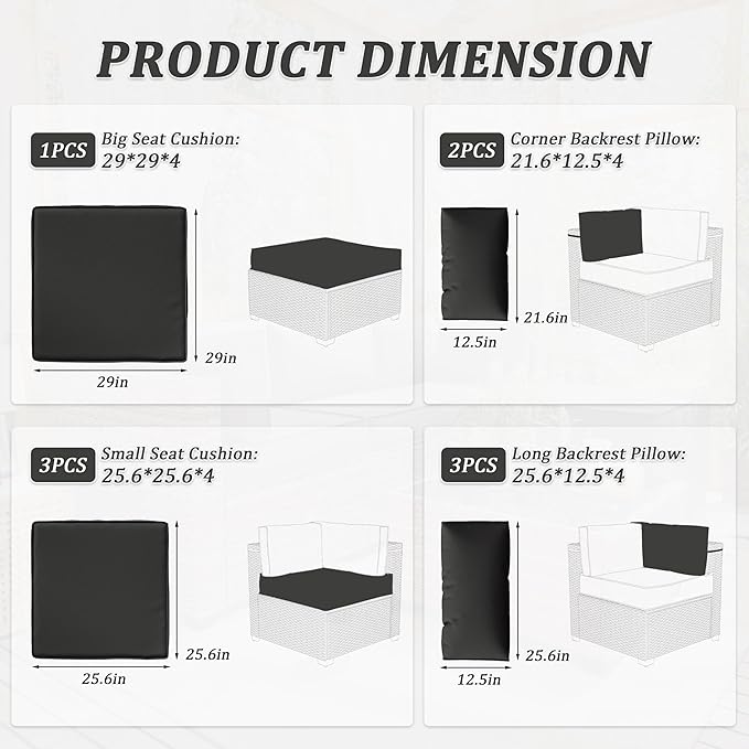 Patio Furniture Cushions, Replacement Outdoor Cushions for 4-Seat Patio Furniture, Waterproof Cushions for Outdoor Sectional Sofa Couch, Black