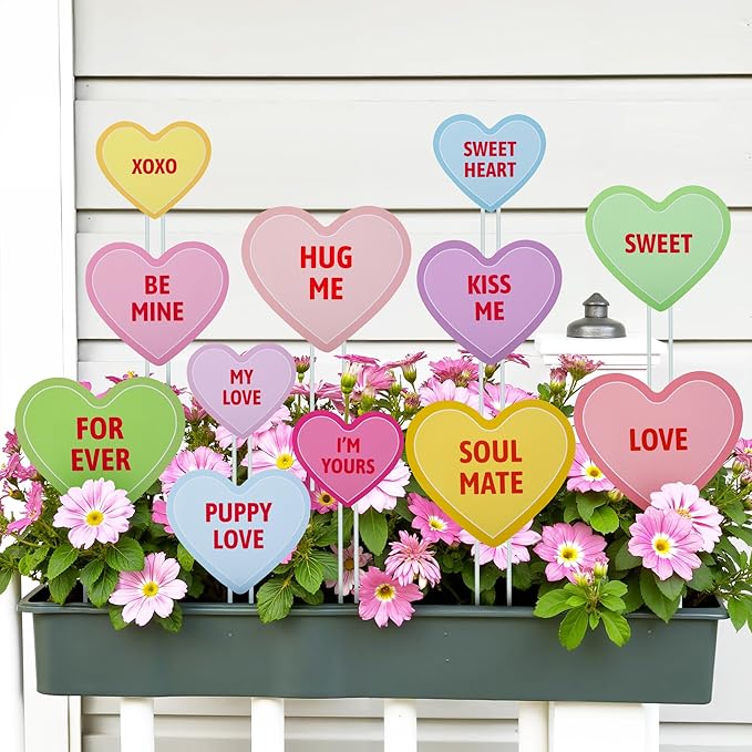 Iceyyyy 12Pcs Valentine's Day Conversation Planter Stakes, Mix Size Candy Heart Planter Stakes, Decorative Valentines Garden Planter Stake Sign for Home Anniversary Party Outdoor Lawn Decor