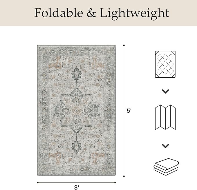 GENIMO Outdoor & Indoor Area Rug 3'x 5', Waterproof, Non-Shedding, Easy Cleaning, Boho Mat for Patio, Living Room, Balcony, Dining Room, RV, Deck, Bedroom, Camping, Outside Carpet,Light Grey Brown