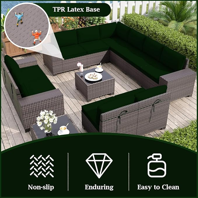 Outdoor Sectional Cushions, 4" Foam High-Density, Water-Resistant Couch Cushions Replacement Set, 14 Piece Patio Sectional Cushion for 6-Seat Sectional Patio Conversation Sets (Dark Green)