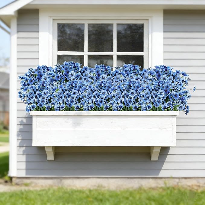AmyHomie 20 Bundles Artificial Flowers for Outdoor UV Resistant Faux Flowers No Fade Fake Plastic Plants Garden Porch Window Box Decorating(Blue)