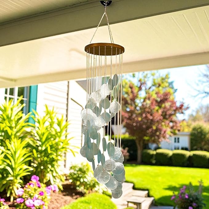 Top Brass Capiz Shell Spiral Wind Chime – 30” Tall Coastal-Inspired Outdoor & Indoor Hanging Chime with Stainless Hanging Ring – Relaxing Breezy Sound for Patio, Porch, Garden Décor