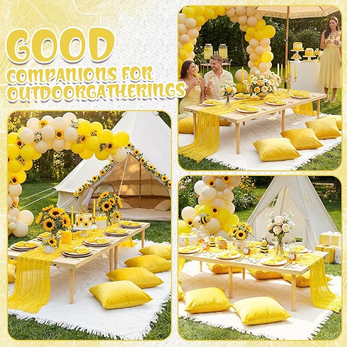 91 x 71 Extra Large Outdoor Boho Picnic Blanket with Yellow Table Runner, 6 Throw Pillow Covers 6 Napkins Woven Cotton Yarn Oversize Beach Blanket Washable Picnic Camp Wedding