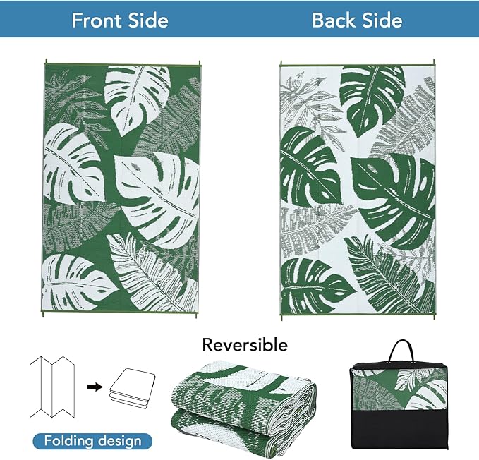 COZYLOOM Outdoor Patio Rug 9x12 Waterproof Outdoor Plastic Straw Rug, UV Resistant Reversible RV Camping Mat with Portable Bag & 4 Stakes, Modern Carpet for Balcony Deck Yard, Green
