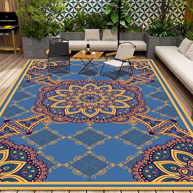 WILDROOTS 5x8 Feet Thangka Pattern Plastic Outdoor Rug, Stain Resistant Waterproof Reversible Outdoor Patio Rug, Fade Resistant Camping Rug