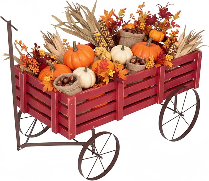 Shine Company Decorative Buckboard Wagon Garden Planter, Wooden Wagon Yard Décor for Outdoor Plants, Red
