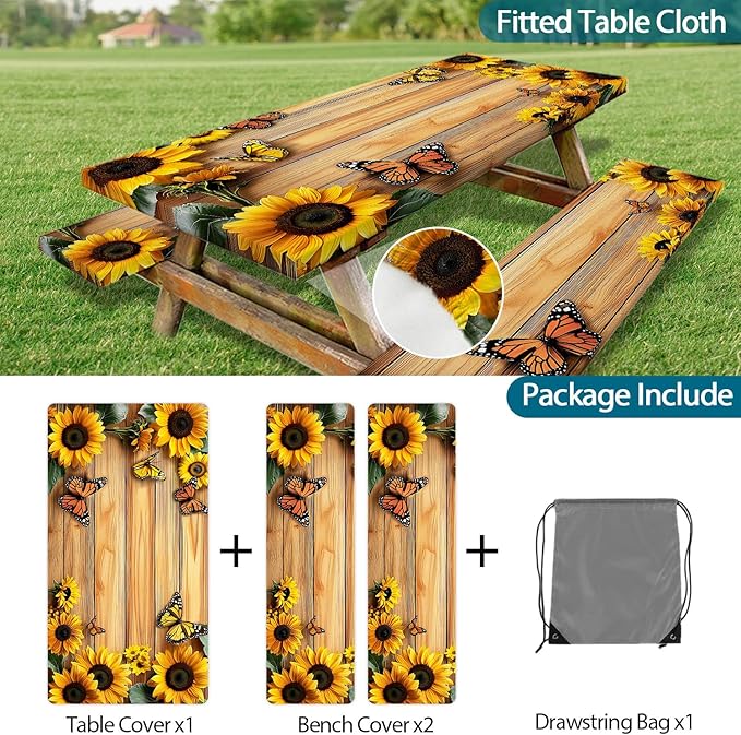3PCS Picnic Table Cover with Bench Cover, Outdoor Patio Camping Essentials Farmhouse Sunflower Table Covers with Elastic Waterproof Camping Tablecloth with Drawstring Bag, 96In