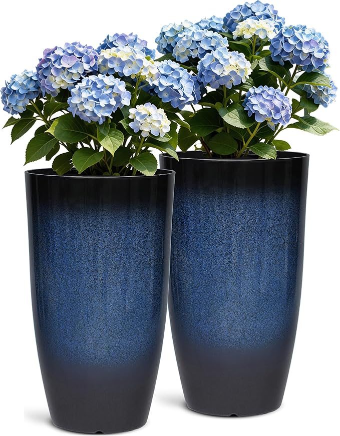 23.8" Large Tall Planters Set of 2 Plant Pot Plastic Flower Pots Outdoor Gradient Cobalt Blue Finish Front Porch Decor Pot Weather-Resistant & Lightweight for Garden, Patio, Deck, Indoor