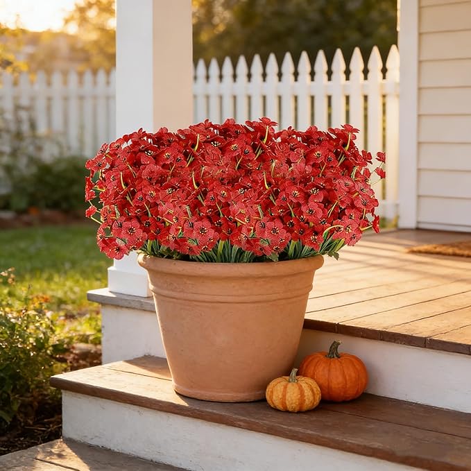 AmyHomie 20 Bundles Artificial Flowers for Outdoor UV Resistant Faux Flowers No Fade Fake Plastic Plants Garden Porch Window Box Decorating(Red)