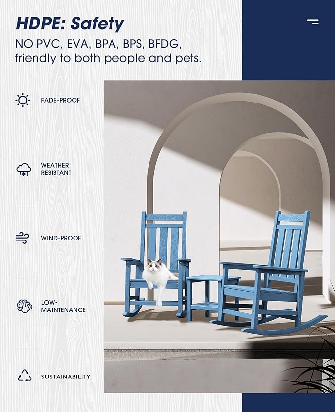 KINGYES Outdoor Rocking Chair Set of 2, All-Weather Patio Rocking Chairs for Porch, HDPE Rocking Outdoor Chairs with High Back for Adult, Heavy Duty Outdoor Patio Rockers for Garden, Lawn, Blue