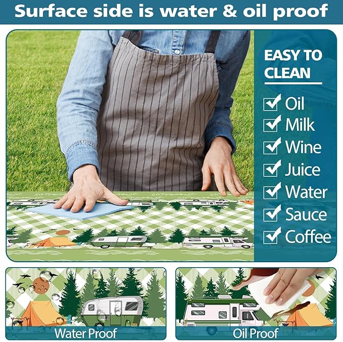 Picnic Table Cover with Bench Covers, Buffalo Plaid Camping Waterproof Windproof Fitted Tablecloth Cover with Elastic Edge, Camping Fitted Tablecloth with Drawstring Bag, 72in, Sage Green