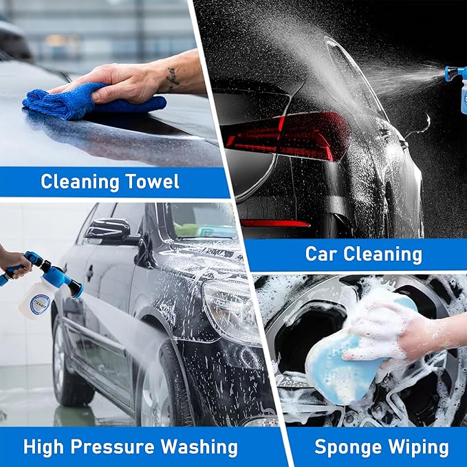 Foam Gun Car Wash Sprayer with Washing Sponge & Absorbent Towel, Foam Cannon Car Washing Kit, 1/2” Connector for Garden Hose, for Car/Garden Cleaning (BLUE)