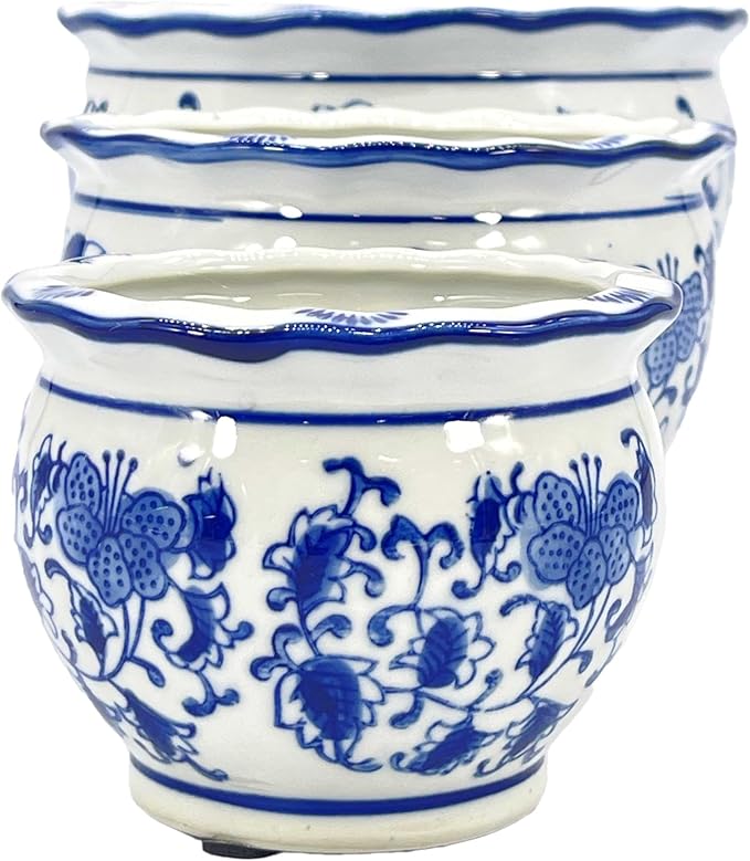 Galt International Blue & White Floral Porcelain Ceramic Decorative Flower Pot 8"/6"/4.5" Garden Pots Chinese Asian Design - Set of 3 Round Pots
