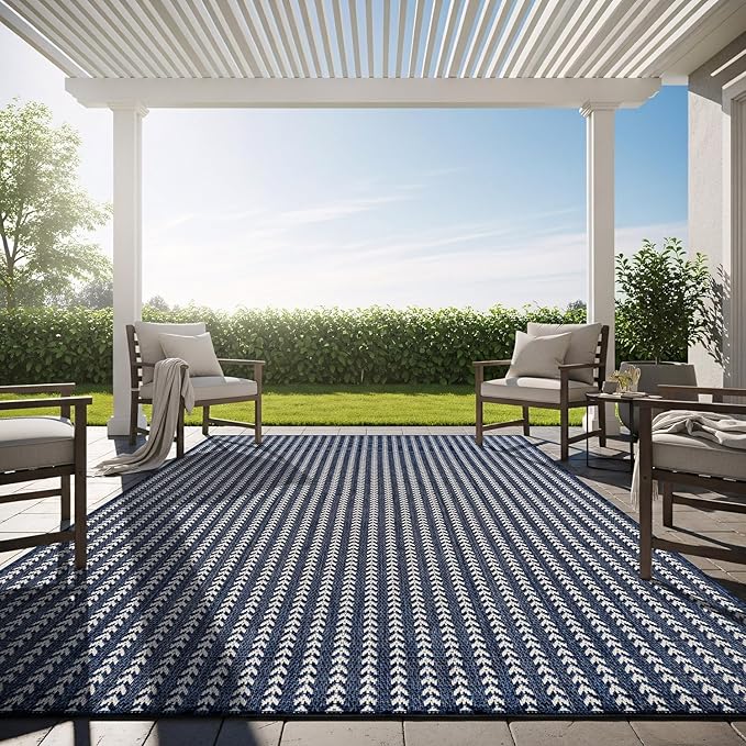 Washable Outdoor Rug 6x9 Modern Area Rugs Outdoor Carpets Striped Pattern Non Shedding Waterproof Easy Clean Patio Deck Porch Living Room Bedroom Garden RV (6 X 9 Navy)
