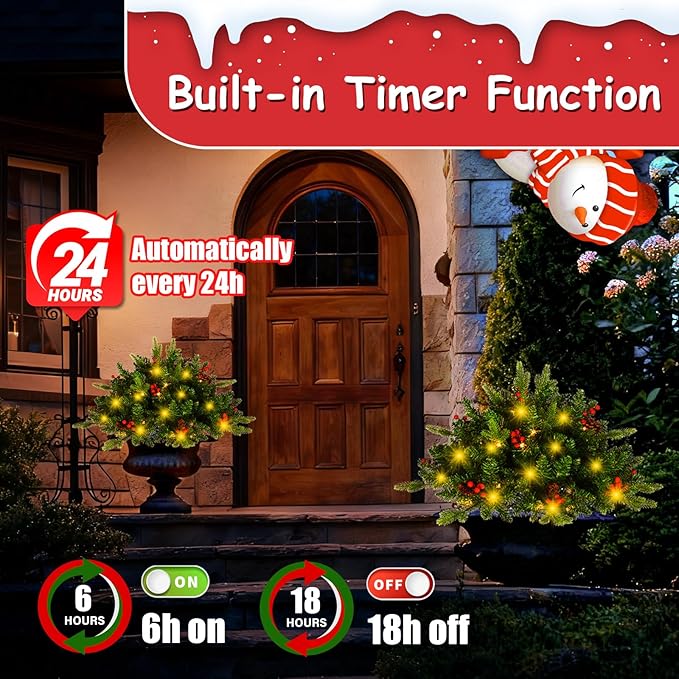 JOYHALO 2 Pack Set 30Inch Christmas Urn Filler with 40 Lights in Warm White and Multicolor, Christmas Pot Fillers with PVC&PE Branches, Outdoor Xmas Trees for Porch Pathway Entryway Yard Decorations