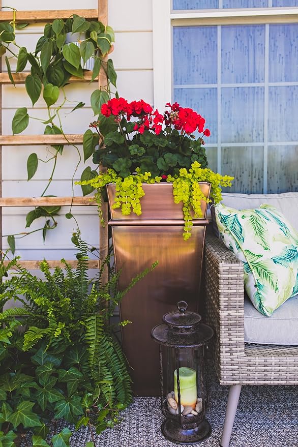 H Potter Tall Copper Planter 33 Inch Indoor Outdoor – Antique Copper Stainless Steel Floor Planter with Insert, Drainage & Drip Tray – Large Entryway Patio Porch Flower Pot