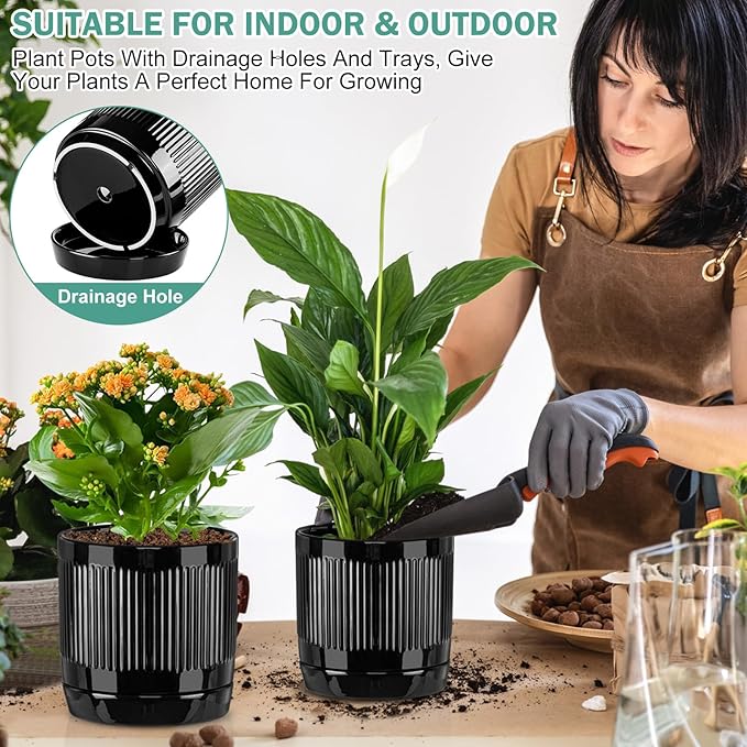 Vanavazon 6 Inch Glazed Ceramic Plant Pots Indoor with Drainage Hole and Saucer, Cylinder Indoor Planters for All House Plants, Modern Decor for Home & Office, Set of 2 (Black)