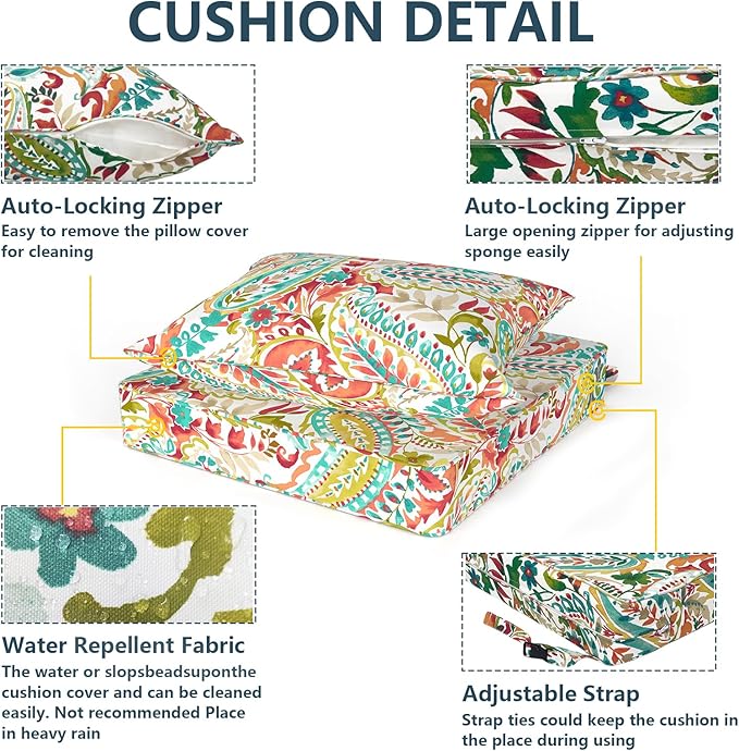 Outdoor Deep Seat Cushion Set, Water Repellent 24"x24" Patio Thick Cushions Replacement with Seat & Back Pillow for Patio Sofa, Wicker Chair, Couch - Pretty Paisley