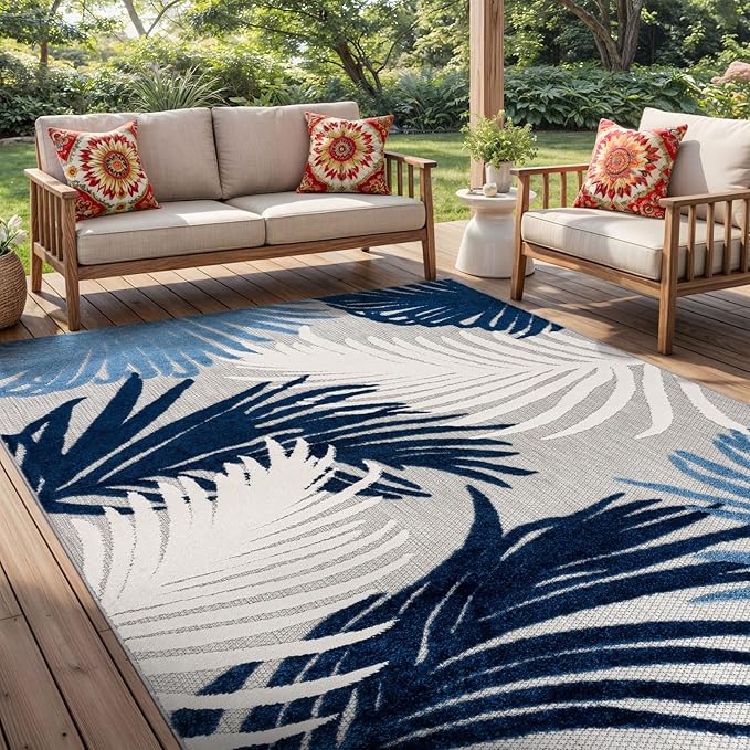 Rugshop Navy Lucca Contemporary Floral Indoor/Outdoor Area Rug Durable Polypropylene, Weather Resistant, Easy to Clean Perfect for Patio, Backyard, Deck and Outdoor Lounge 5' x 7'
