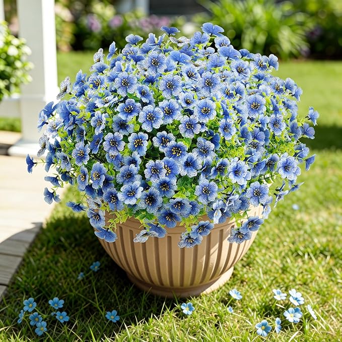 Artificial Flowers Outdoor Faux Plants UV Resistant Fake Patio Flowers Plastic Greenery Plnats Outside Bulk for Spring Garden Hanging Planter Home Vase Decor, 24 Bundles (Blue)